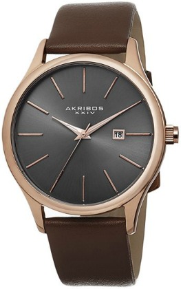 Akribos XXIV Men's AK618RG Essential Rose-tone Stainless Steel Brown Leather Strap Watch