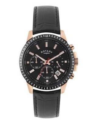 Rotary Men's Chronograph Black Genuine Leather and Dial Rose-Tone Case